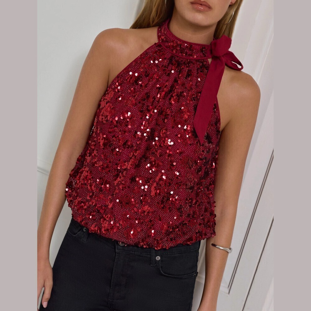Burgundy Red Sequin Sparkle Halter Bow Neck Sleeveless Tank Top
